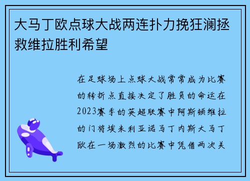 大马丁欧点球大战两连扑力挽狂澜拯救维拉胜利希望