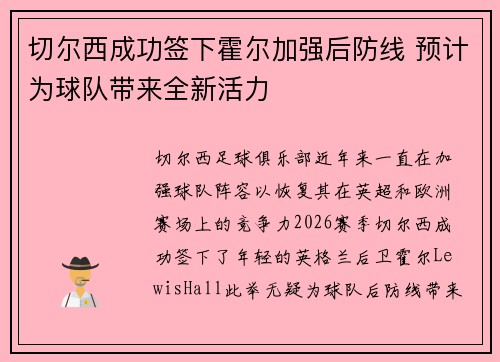 切尔西成功签下霍尔加强后防线 预计为球队带来全新活力